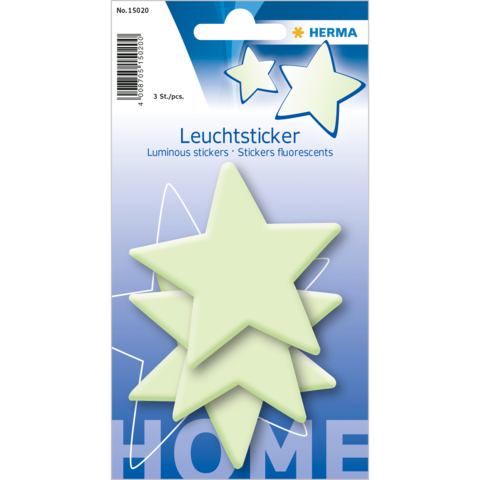 Leuchtende Sternaufkleber in verschiedenen Größen, verpackt in einer transparenten Hülle. Ideal für Dekoration und Kinderzimmer.