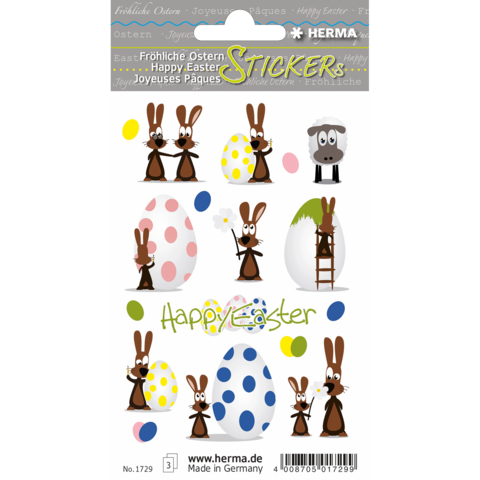 Aufkleber mit Osterhasen, bunten Eiern und einem Schaf, beschriftet mit "Frohe Ostern" in verschiedenen Sprachen.