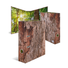 Ordner mit Baumrinde-Design, geöffnet und geschlossen, zeigt eine natürliche Holzoptik. Ideal für Büro oder Zuhause.