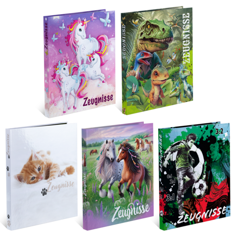 Five different binders with colorful designs: unicorns, dinosaurs, kittens, horses, and soccer. All titled 'Reports'.