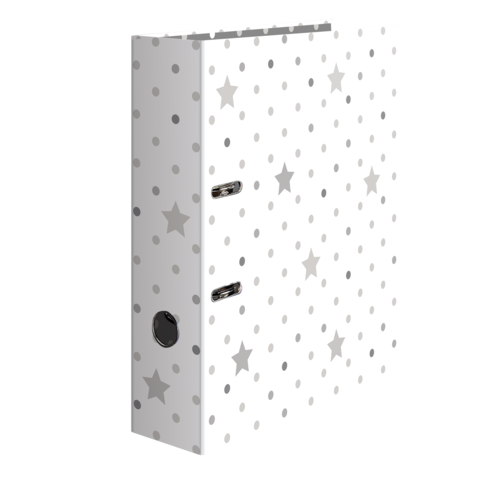 Ein weißer Ordner mit grauen Punkten und Sternen, ausgestattet mit zwei Ringen und einer Öffnung auf der Vorderseite.