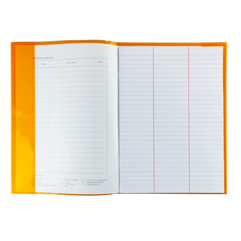 Offenes Notizbuch mit orangefarbenem Einband, links eine leere Tabelle und rechts linierte Seiten.