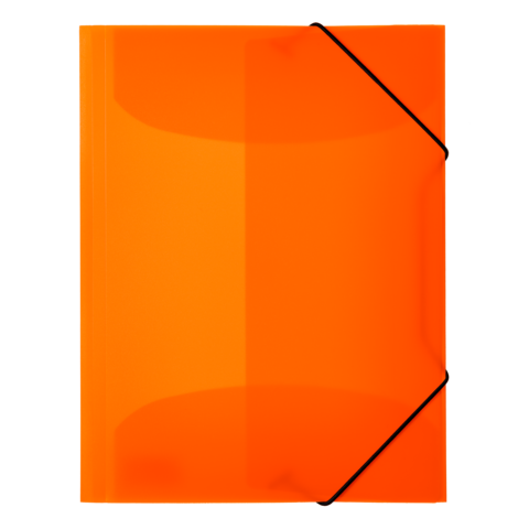 Oranger Ordner mit schwarzem Gummibandverschluss, flach liegend auf einem neutralen Hintergrund.