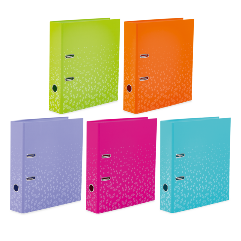 Five binders in different colors: green, orange, purple, pink, and turquoise, featuring a textured design and two ring mechanisms.