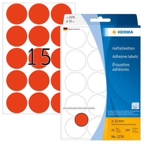 Runde, orangefarbene Haftetiketten mit der Nummer 15, verpackt in einer Blisterverpackung. Enthält 24 Etiketten, Durchmesser 32 mm.