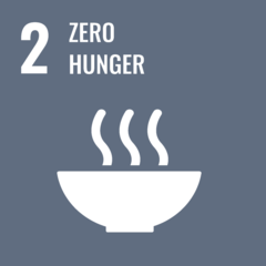 Symbol for the goal of 'Zero Hunger' featuring a white bowl with rising steam, accompanied by the number 2.