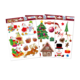 Weihnachtliche Fensterdekoration mit verschiedenen Motiven wie Santa Claus, Schneemann, Weihnachtsbaum und Geschenken.