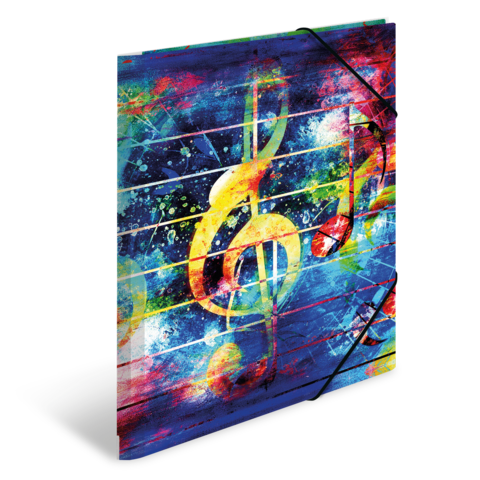 Bunte Noten und musikalische Symbole auf einem abstrakten Hintergrund aus Farben und Linien.