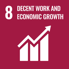 Goal 8: Decent Work and Economic Growth, represented by an upward chart with bars and arrows.