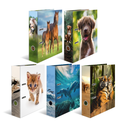 Folders with animal motifs: Horses, a dog, a cat, dolphins, and tigers are featured on the cover designs.
