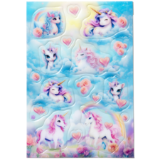 Bunte Aufkleber mit Einhörnern, Herzen und Wolken in pastellfarbenem Design. Verschiedene Einhorn-Posen und -Gesichter sind abgebildet.