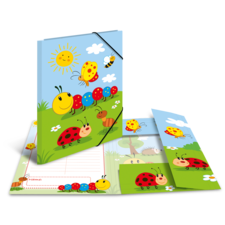 Bunt gestaltetes Notizbuch mit Käfern, Sonnen und Blumen auf dem Cover, geöffnet mit Innenseiten und einem kleinen Notizblock.