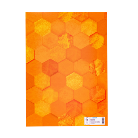 Sechseckige Muster in verschiedenen Orangetönen auf einem Hintergrund. Enthält eine Etikette in der unteren rechten Ecke.