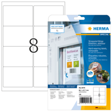 Strapazierfähige, ablösbare Etiketten von Herma, inklusive Softwarehinweis. Verpackung zeigt Etikettenlayout und Anwendungshinweise.