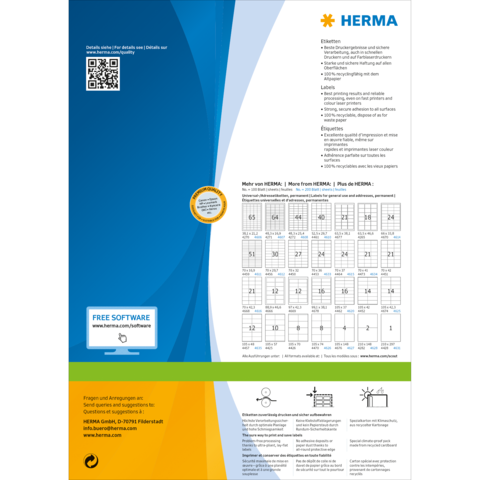 HERMA Produktübersicht mit QR-Code, Informationen zu Etiketten, Software und einem Kalender für die Nutzung von HERMA-Produkten.