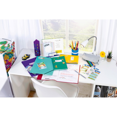 Ein Schreibtisch mit bunten Ordnern, Schreibmaterialien, einem Lampenlicht und einer kleinen Blume. Im Hintergrund sind Fenster mit Tageslicht sichtbar.