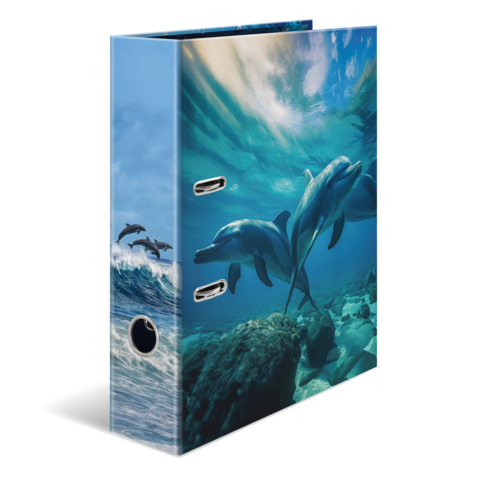 A binder with a colorful design featuring dolphins in the water, surrounded by waves and a clear sky.