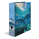 A binder with a colorful design featuring dolphins in the water, surrounded by waves and a clear sky.