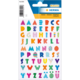 Bunte Buchstaben-Sticker in verschiedenen Designs und Farben, angeordnet in einem Raster auf einer Verpackung.