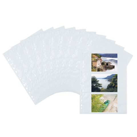 A collection of transparent photo sleeves containing three images: a coastal view, a boat by the water, and a landscape with palm trees.