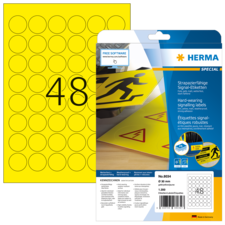 Gelbe Etiketten mit runden Aufklebern, verpackt in einer transparenten Hülle, mit der Aufschrift "48" und Hinweisen zu strapazierfähigen Signal-Etiketten.