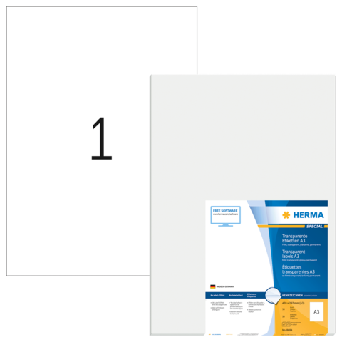 Transparente Etiketten A3 von HERMA, mit Produktinformationen und einer weißen Seite im Hintergrund.