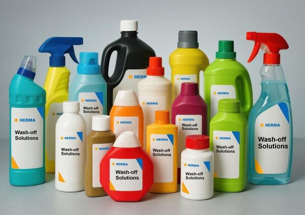 Various bottles of cleaning agents and solutions, labeled with 'Wash-off Solutions' and the HERMA logo.