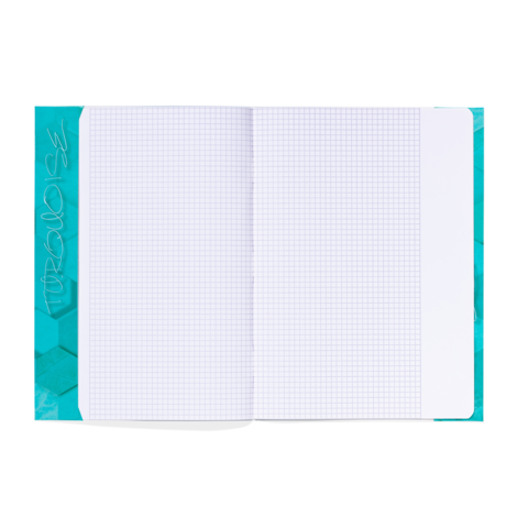 Ein offenes kariertes Notizbuch mit leeren Seiten und einem bunten, geometrischen Cover.