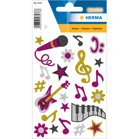 Bunte Aufkleber mit Musikinstrumenten, Noten, Mikrofon und Sternen in verschiedenen Farben und Glitzer.