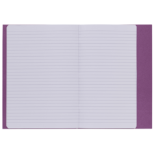 Offenes Notizbuch mit liniertem Papier und lila Einband. Die Seiten sind leer und bereit zum Beschreiben oder Notieren.