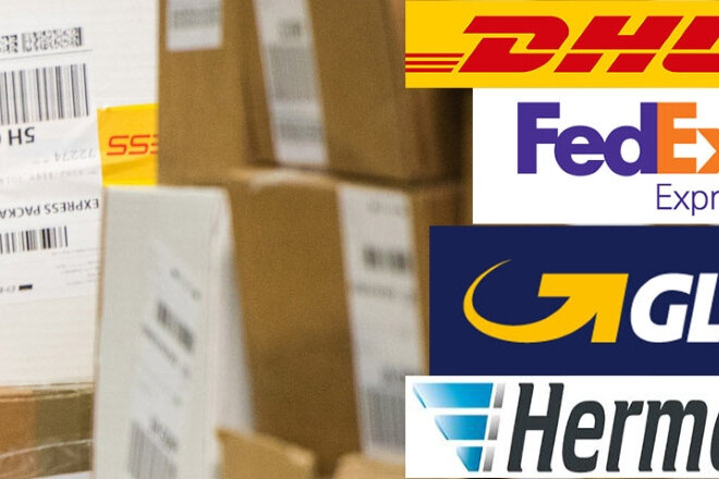 Logistics labels and shipping labels on cardboard, man with handheld scanner, featuring logos of online retailers, landscape format.