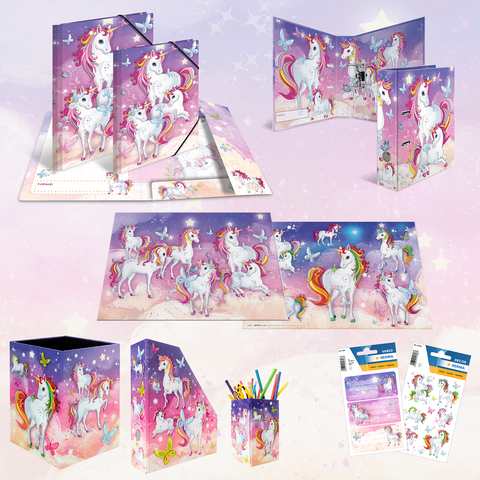 Colorful school supplies featuring unicorn designs, including binders, notepads, pencil holders, and stickers.