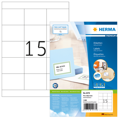 Etikettenpackung von Herma mit 15 Etiketten pro Blatt, inklusive Beispieletikett mit dem Namen "MR. SUNNY".