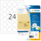 Transparente Etiketten auf einem Bogen mit 24 runden Aufklebern, verpackt von Herma, mit Informationen zur Nutzung und Software.