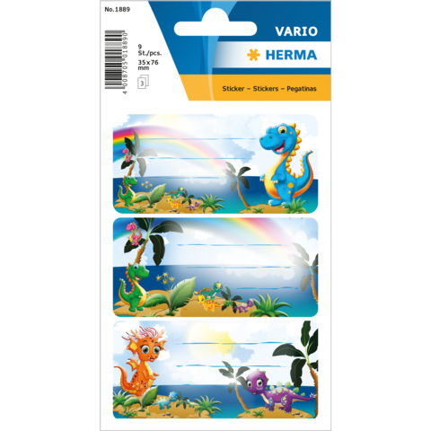 Bunte Aufkleber mit Dinosauriern und Meerestieren, umgeben von Pflanzen und einem Regenbogen. Enthält Platz für Beschriftungen.