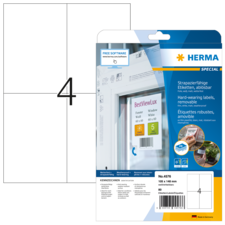 Strapazierfähige, ablösbare Etiketten von Herma, verpackt mit Informationen zu Größe und Anwendung. Enthält Software-Hinweis.