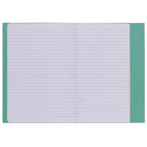 Offenes Notizbuch mit liniertem Papier, grüne Umschläge und leere Seiten für Notizen oder Skizzen.