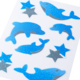 Blue glitter stickers in the shape of dolphins and stars on a white background.