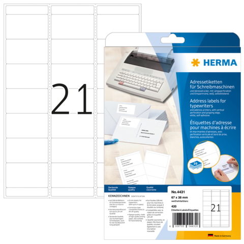 Adressetiketten für Schreibmaschinen, Packung mit 420 Etiketten, Größe 67 x 38 mm, Modellnummer 4431.