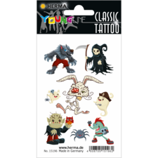 Tattooaufkleber mit verschiedenen Charakteren: Werwolf, Skelett, Pirat, Geister und andere fantasievolle Figuren.