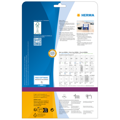 Produktverpackung von HERMA mit Informationen zu Software und Anwendungshinweisen für Etiketten. Enthält QR-Code und verschiedene Diagramme.