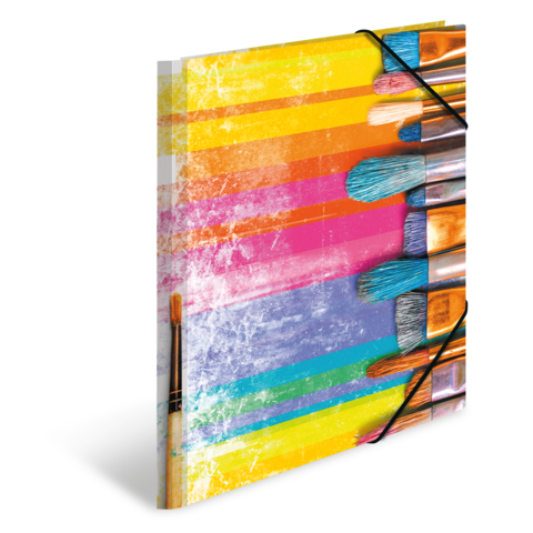 Ein Notizbuch mit bunten Pinselstrichen und Malpinseln auf dem Cover, das künstlerische Themen anspricht.