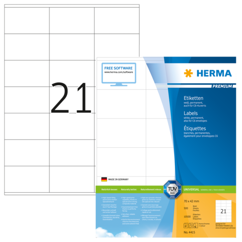 Etikettenblatt von HERMA mit 21 Etiketten pro Blatt, Größe 70 x 42 mm, inklusive Softwarehinweis.