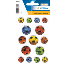 Bogen mit verschiedenen Fußball-Stickern in verschiedenen Farben und Designs, einschließlich Blau, Grün, Gelb, Orange und Rot.