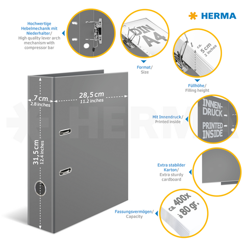 Gray binder with a high-quality lever mechanism, A4 size, 400-sheet capacity, printed inside and out, made of extra sturdy cardboard.