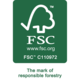 FSC-Logo für verantwortungsvolle Forstwirtschaft mit der Aufschrift "The mark of responsible forestry" und Website-Adresse www.fsc.org.