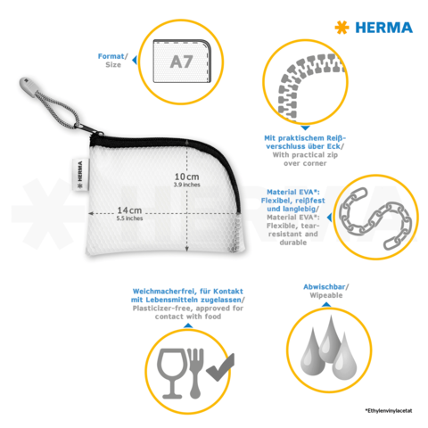 Kleine, weiße Tasche mit Reißverschluss, Größe A7, aus flexiblem EVA-Material, abwaschbar und lebensmittelecht.