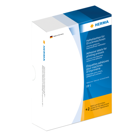Hafteetiketten für Druckmaschinen in einer Verpackung von HERMA, mit Informationen zu Anwendung und Eigenschaften.