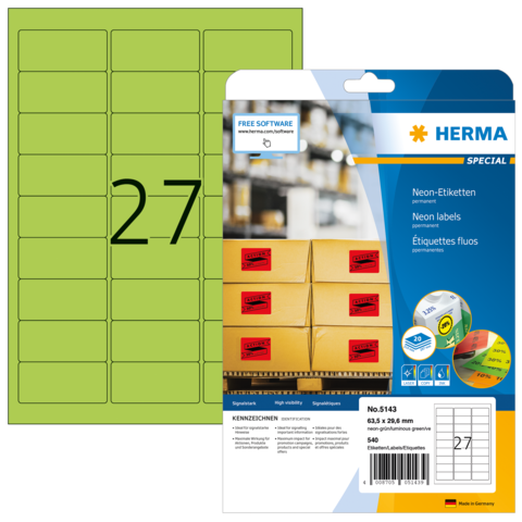 Neon-Etiketten auf einem Bogen, mit der Nummer 27 hervorgehoben. Verpackung zeigt verschiedene Etiketten und Hinweise zur Verwendung.