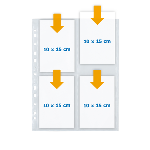 Four blank cards measuring 10 x 15 cm, arranged in a clear sleeve with orange arrows indicating their position.